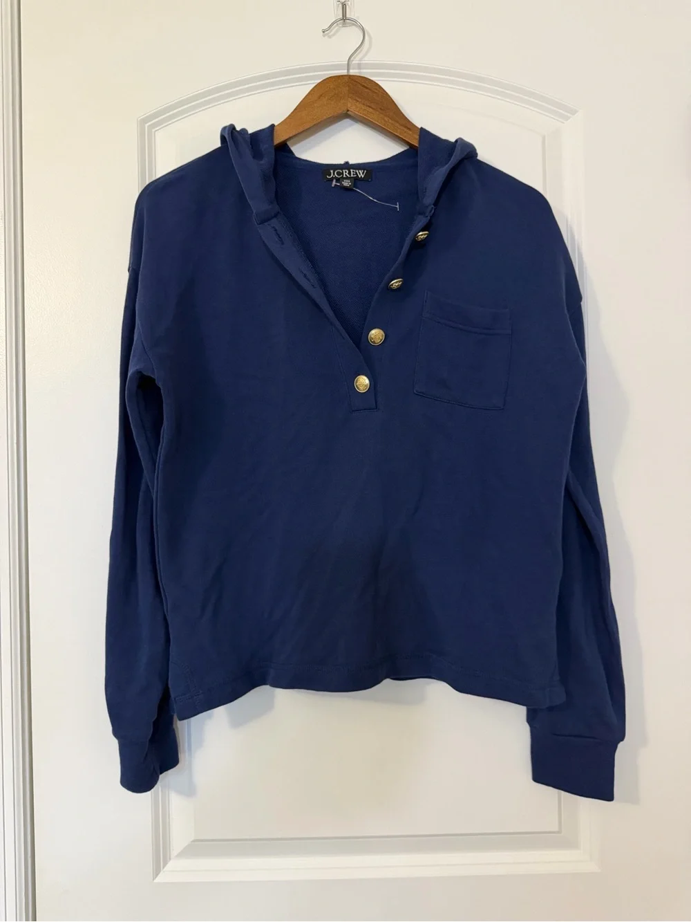 J. Crew Navy Half Button-Front Hooded Cotton Sweatshirt XXS Nautical Nantucket